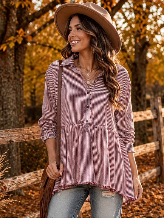 True Craft Tops - True Craft XL Burgundy Cream Striped Babydoll Button Down Shirt